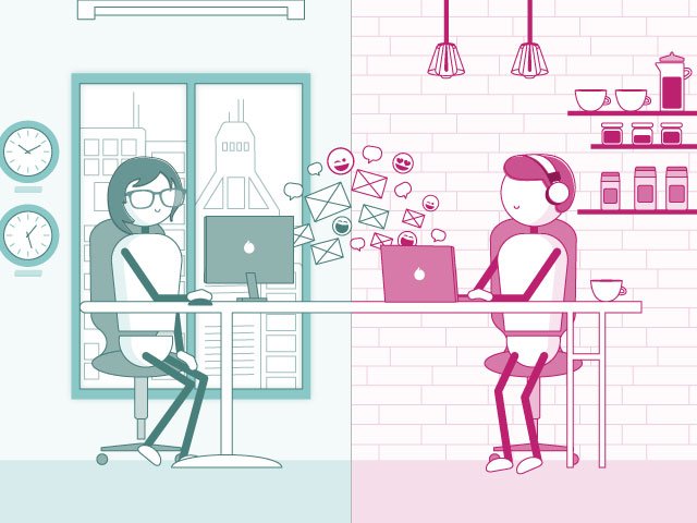 two employees working, one from the office and one from home, connecting via technology