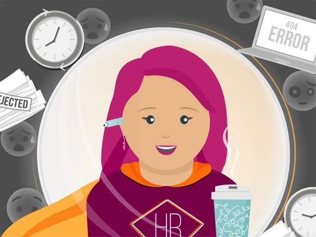 HR professional with coffee surrounded by a dark cloud of different fears
