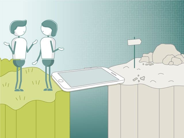 two coworkers on one side of a gap, with a phone acting as a bridge to show how technology can help bridge the gaps during a time of change