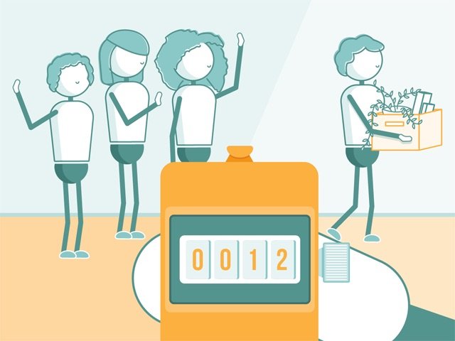 3 coworkers seeing their colleague off as he moves on from the organization, counter shows he is the 12th employee to turnover this year