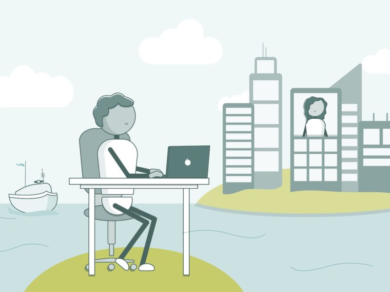 remote employee shown on an island with the main office in the distance