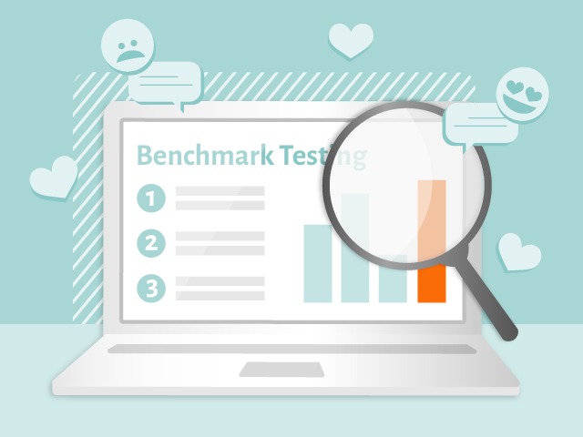 A magnifying glass is placed over a laptop that shows results and charts from benchmarking an employee survey